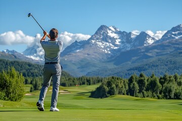 Obraz premium A photo of a male golfer wearing golf clothes, holding a golf club, and swinging on a spacious, well-maintained golf course with a nice view on a sunny day.