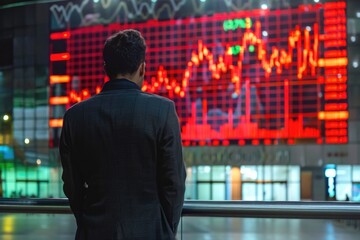 Fototapeta premium man in a suit observes a stock market graph with falling red lines on a large screen