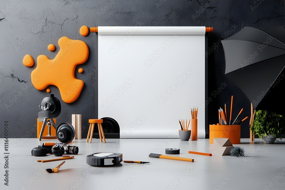 Poster bright and airy photography workspace with a minimalist roll up presentation board backlit display p