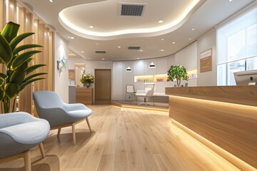 Modern clinic reception area with comfortable seating, plants, and elegant lighting