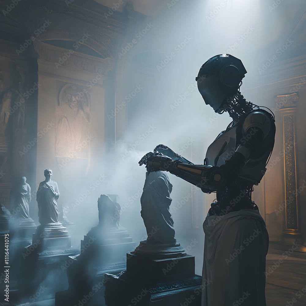 Poster robot analyzing statues in an art gallery historical setting digital art futuristic concept low angl