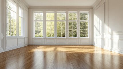 Fototapeta premium Sunlit Empty Room With Large Windows and Wood Floor