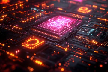 Obraz premium Vibrant circuit board with glowing components showcasing advanced technology