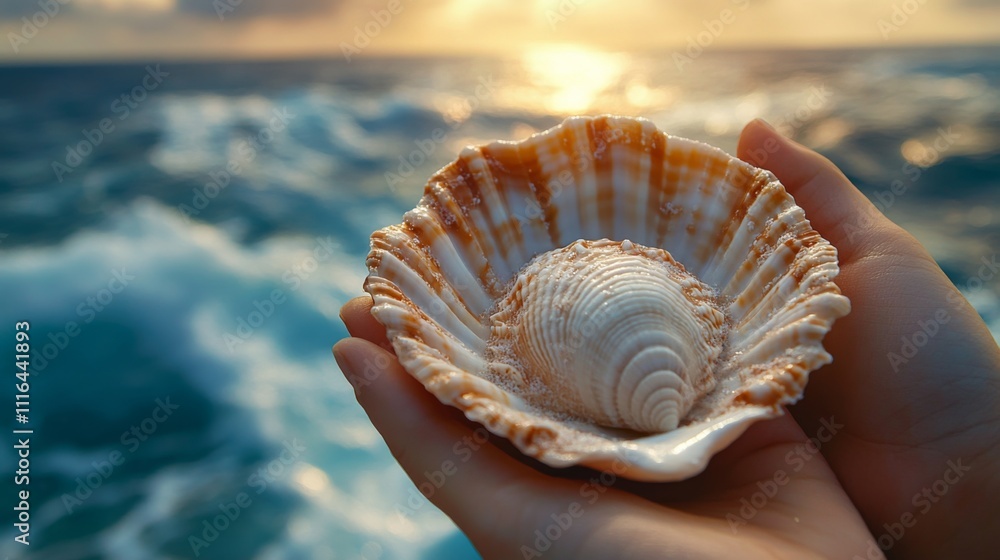 Poster Hands cradle a stunning conch shell featuring intricate patterns, with waves gently lapping in the background as the sun sets gracefully over the horizon.