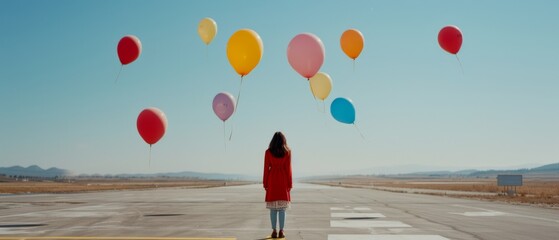 A lone figure in red gazes at vibrant balloons soaring into the blue sky, symbolizing freedom and dreams on a vast, empty runway.