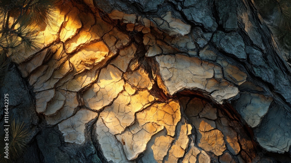 Poster detailed close-up of textured bark on tree with beautiful golden light creating warm patterns and sh