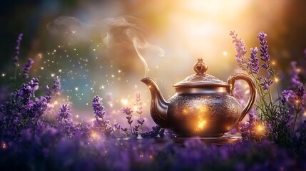 Ornate Teapot Steaming Amongst Lavender Flowers