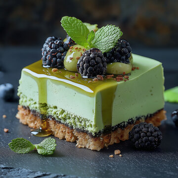 A slice of green matcha and lime ice cream cake with blackberries, mint leaves, honey drizzle, and a glistening olive oil glaze on top, set on a dark slate surface. The cake is cen