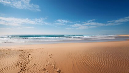 Fototapeta premium Tropical beach with coconut palm trees and turquoise water gently washing golden sand