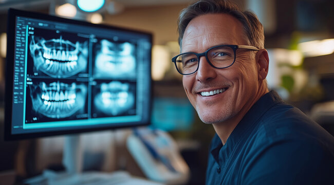 A male dentist in his mid-30s, wearing glasses and having short hair, is smiling at the camera while sitting behind an advanced dental computer screen displaying detailed X-ray ima