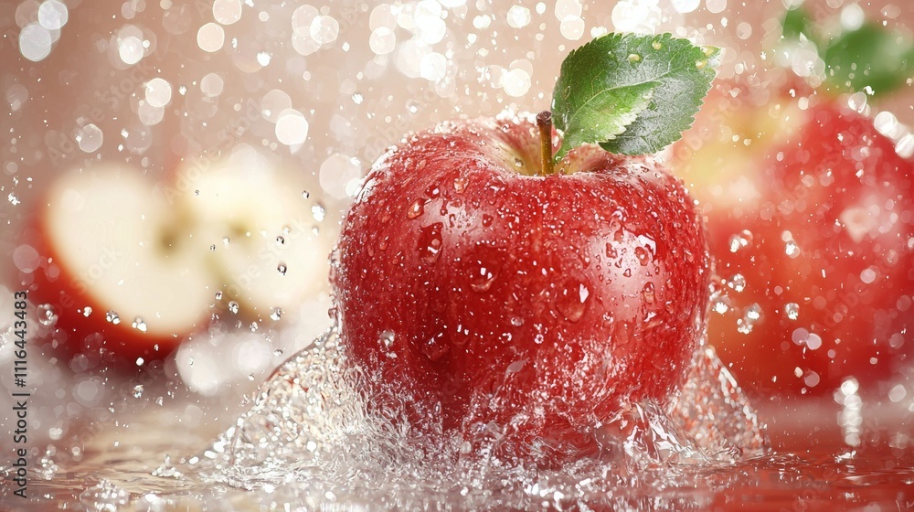 Poster fresh red apple splashing in water with bokeh background