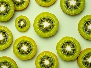 Fototapeta premium Close-up kiwi slices, light green backdrop, natural light.