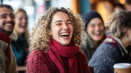 Fototapeta premium Joyful Group of Friends Laughing Together in Cozy Coffee Shop Captured in Natural Light with Warm Atmosphere and Genuine Smiles