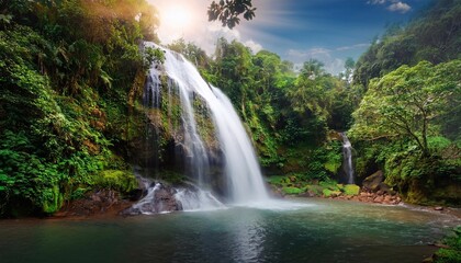 Stunning waterfall cascading into turquoise pond in lush jungle