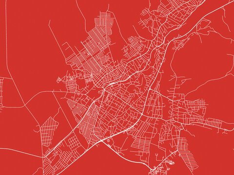 Christmas Map of Nazran, Russia in Snowy White on Festive Red Background.