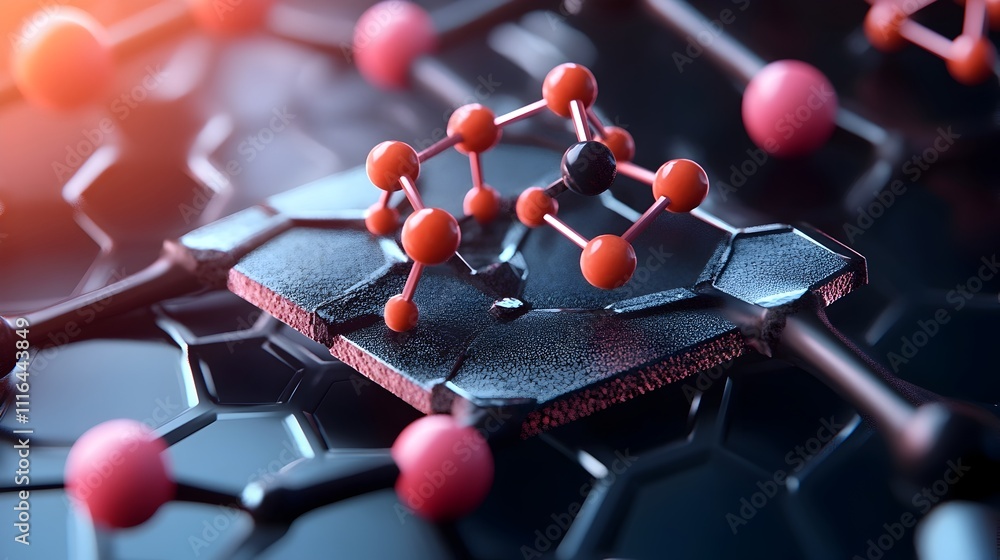 Poster detailed digital showcasing the molecular structure and atomic arrangement of a single layer graphen