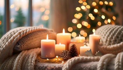 Warm holiday decor featuring glowing candles on a plush knit blanket with dreamy bokeh lights. Generative AI