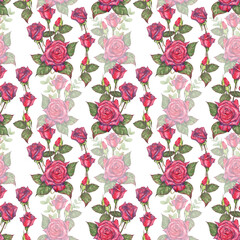 Seamless pattern with red roses drawn in watercolor. Watercolor roses with leaves in seamless illustration. An idea for decorating holidays and creating prints.