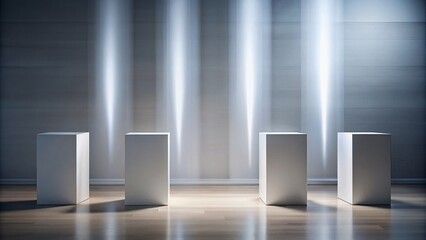Fototapeta premium A captivating long exposure of four white pedestals showcases modern art in a minimalist setting, illuminated by soft lighting that enhances abstract composition and visual balance.
