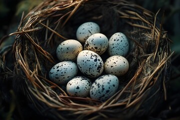 Obraz premium A bird's nest made of dry tree branches outdoors is filled with small eggs with black spots, like wild quail eggs.