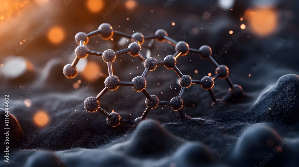 Poster graphene hexagonal carbon lattice 3d rendered flat design abstract material science and engineering 