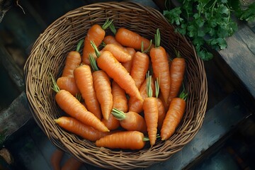 Photo of a basket full of fresh and clean carrots on a kitchen table with natural light