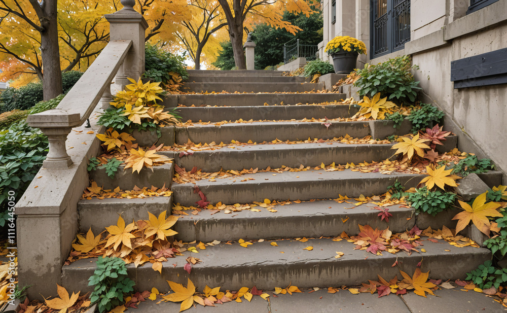 Poster a staircase covered in autumn leaves. the leaves are scattered all over the steps, creating a beauti