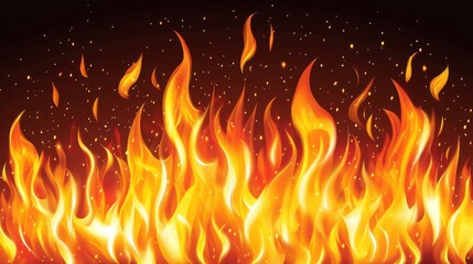 Fototapeta premium Fiery orange and yellow flames burning intensely against a dark background, with sparks.