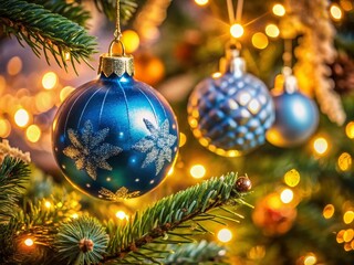 A charming vintage Christmas decoration featuring a blue bauble ornament on a tree, beautifully embodying the joy and festive spirit of the holiday season.