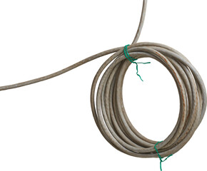close-up of coiled length of gray network cable or wire tied together with green twist tie isolated...