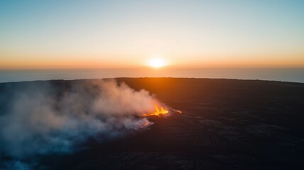 Dramatic sunset over a volcanic landscape with smoke and flames on the horizon