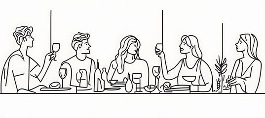 A simple line drawing of friends having dinner together One person is standing up, talking to the group, while others sit at the table with wine glasses in their hands,


