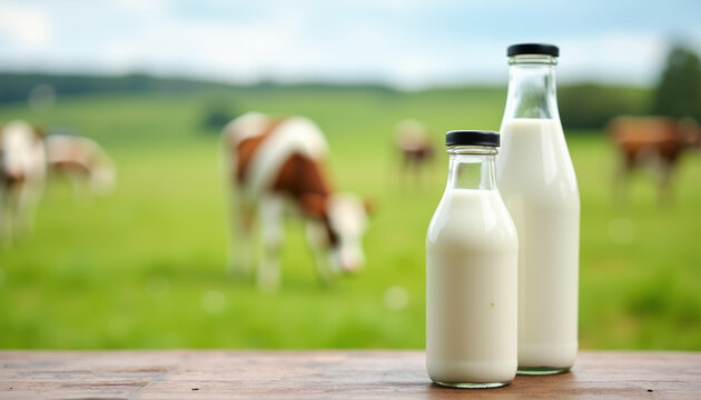 Two glass bottles of fresh milk placed in a serene countryside setting, capturing the essence of National Milk Day.