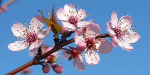 Close-up of a cherry blossom branch, soft pink petals against a clear blue sky, sunlight highlighting the blossoms, space for text.