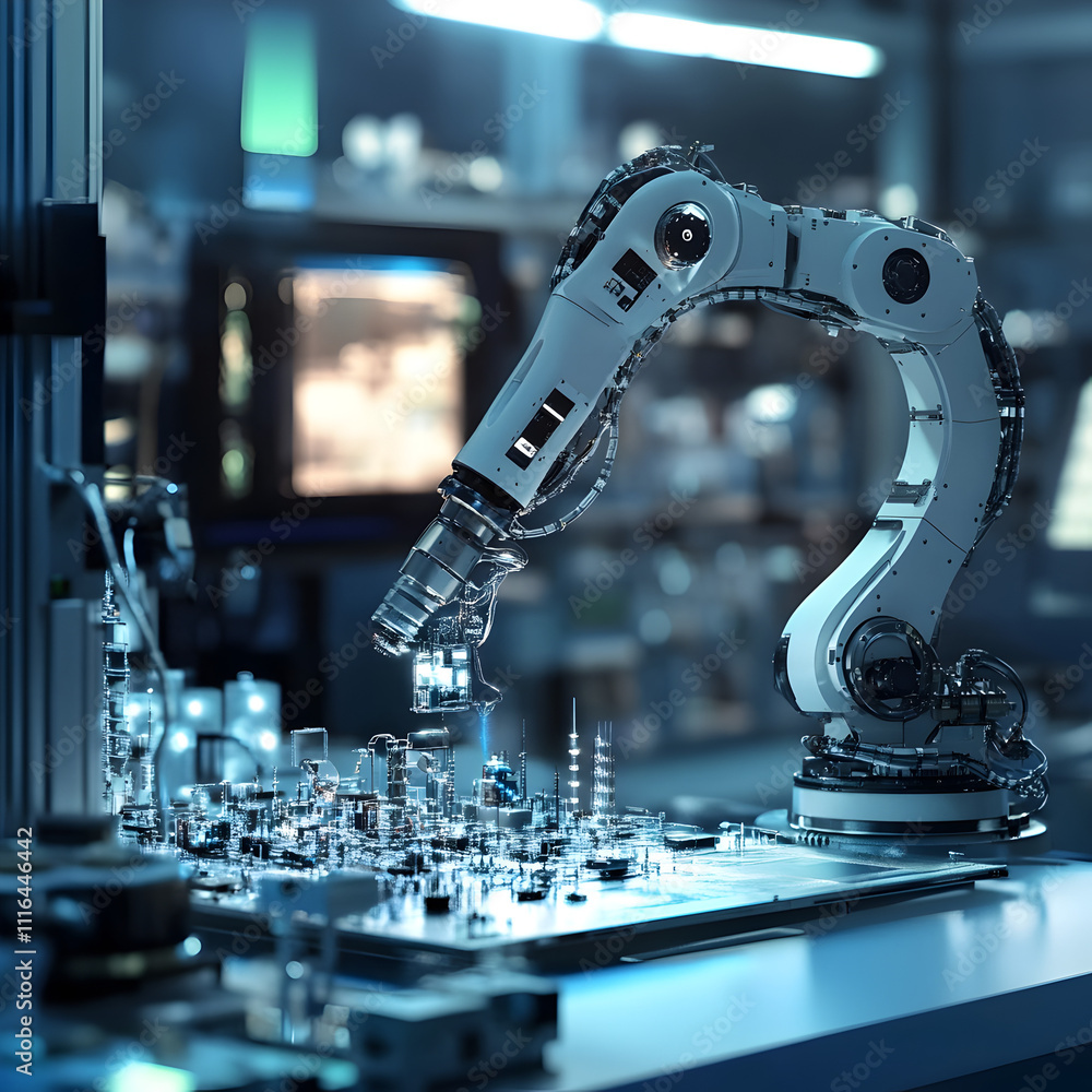 Poster robotic arm assembling components advanced manufacturing lab technology demonstration industrial env