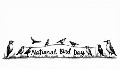 Fototapeta premium A minimalist black and white banner for National Bird Day featuring elegant silhouettes of birds against a clean background.