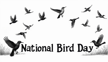 A dynamic monochrome banner for National Bird Day featuring illustrations of birds flying, emphasizing community and nature.