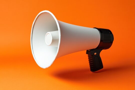 A playful representation of a paper cup megaphone set against an eye-catching orange background, illustrating the 'Refer a Friend' concept. The megaphone is visually engaging