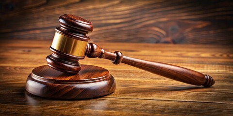 A classic judge's wooden gavel rests against a blurred background, embodying justice and legal proceedings, with ample space for court-related text and descriptions.