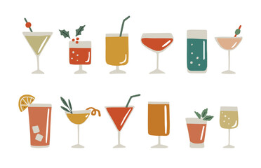 Set of hand drawn alcoholic drinks, cocktails with orange lemon, slices, ice, mint and cherries. Happy New Year celebration, birthday party. Isolated vector icons, flat design illustration. Lemonade.