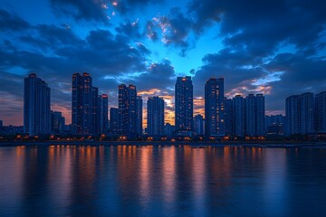 Obraz premium On a dark evening as the sun sets, a forest lined with large and tall buildings in a big city along a large river.