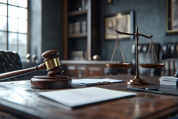 Law office scene with court documents, judge's gavel and scales on wooden table