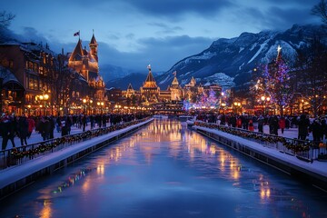 Fototapeta premium On a winter evening, a lot of white snow is piled up near the city stream, large palace-like buildings and street lights are brightly lit, and many people are passing by on the snow-covered road.