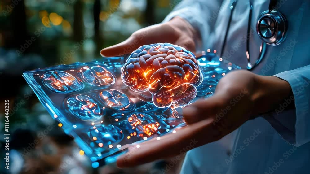 Aufkleber a doctor examining detailed digital brain imaging with highlighted neural structures on a large futu