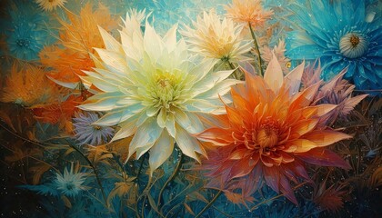 Beautiful, vibrant background painting of bright, colorful, abstract flowers.