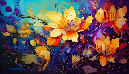 Beautiful, vibrant background painting of bright, colorful, abstract flowers.