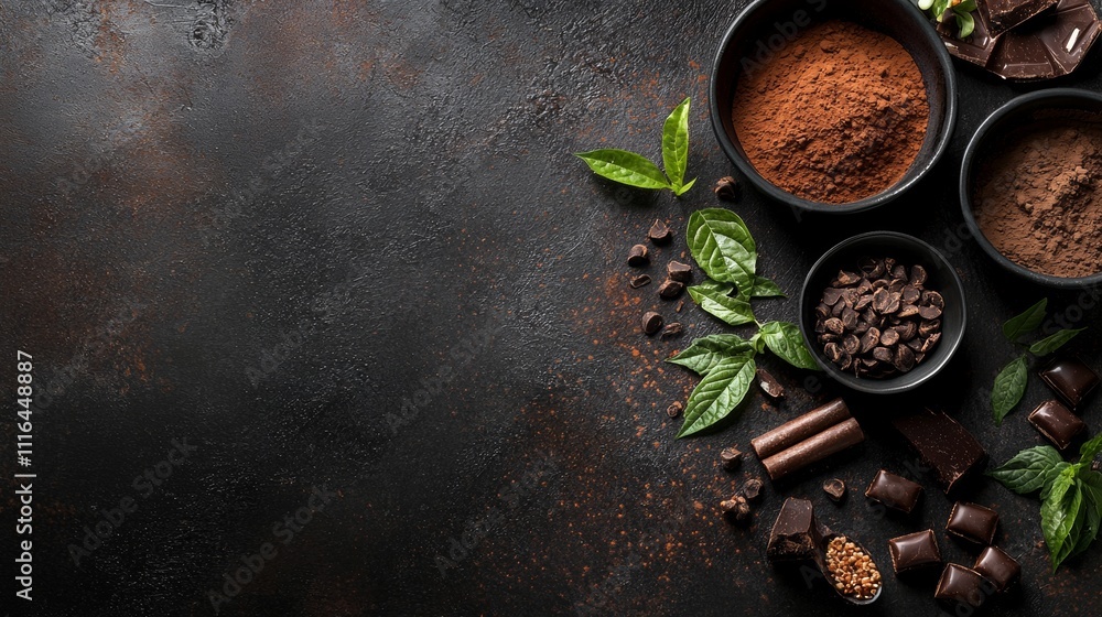 Poster rustic cocoa and chocolate composition with dark background