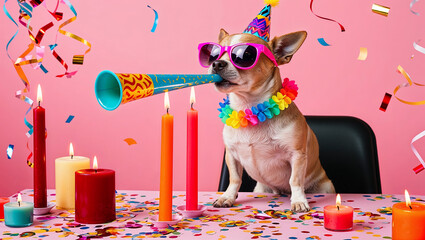 Funny dog celebrating birthday blowing party horn and wearing sunglasses