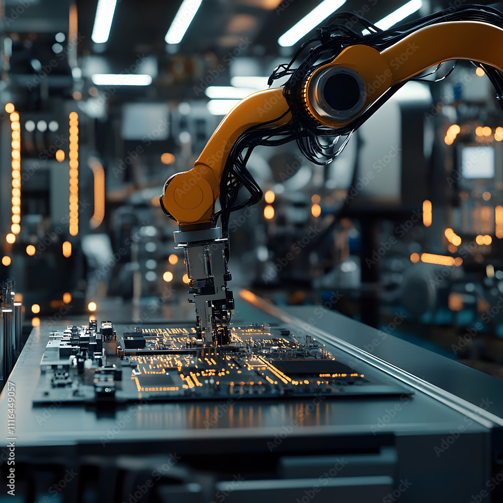 Poster robotic arm assembling circuit boards high-tech factory industrial process futuristic environment cl