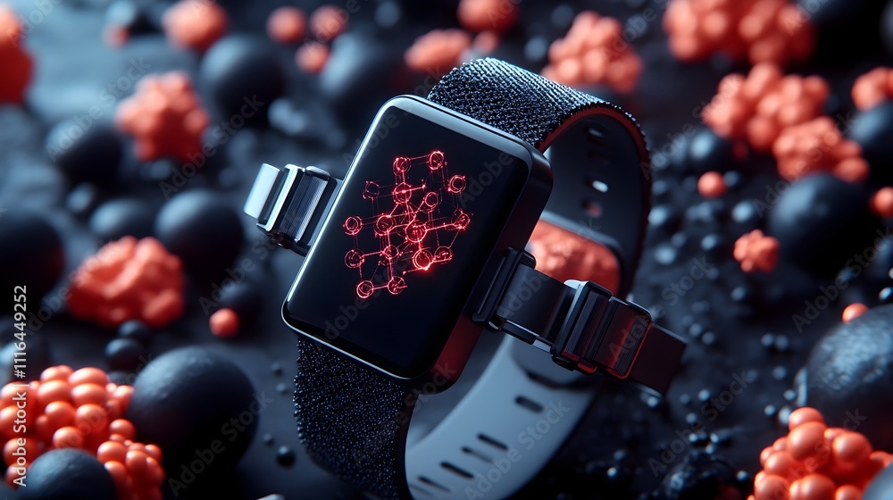 Poster 3d rendered of a futuristic graphene based wearable tech concept featuring a flexible fitness tracke